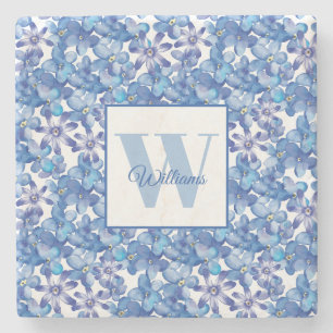 Dessous-de-verre En Pierre Nom du monogramme Bleu Floral Botanique