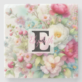 Dessous-de-verre En Pierre Nom du monogramme sur l'aquarelle Fleurs en pastel