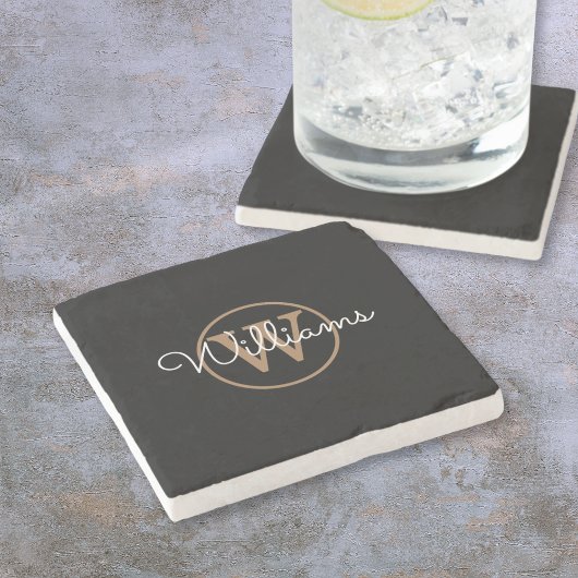 Dessous-de-verre En Pierre Nom du script de monogramme d'or noir élégant