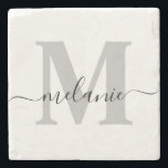 Dessous-de-verre En Pierre Nom initial du script de monogramme personnalisé<br><div class="desc">Élégant Monogramme personnalisé Nom de script Dessous de verre en pierre élégant</div>