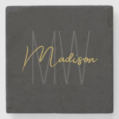 Dessous-de-verre En Pierre Nom Monogramme moderne Script Black Gold (Devant)