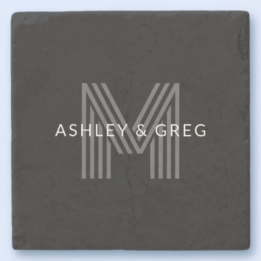 Dessous-de-verre En Pierre Nom rétro moderne éditable monogramme noir et gris
