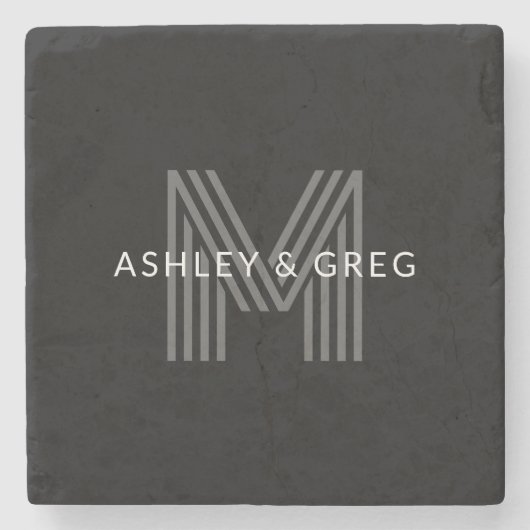 Dessous-de-verre En Pierre Nom rétro moderne modifiable monogramme noir et gr (Devant)