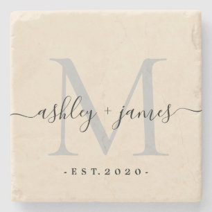Dessous-de-verre En Pierre Noms de script de monogramme chic Date de mariage