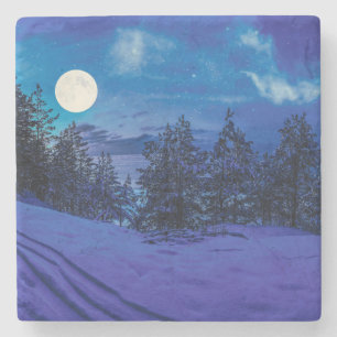 Dessous-de-verre En Pierre Nuit étoilée avec pleine lune en forêt
