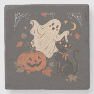 Dessous-de-verre En Pierre Nuit vintage d'Halloween avec citrouille et fantôm