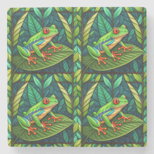 Dessous-de-verre En Pierre Œuvre d'art colorée de grenouilles vertes aux yeux