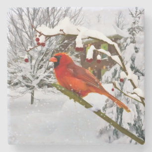 Dessous-de-verre En Pierre Oiseau cardinal dans la neige