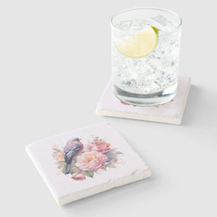 Dessous-de-verre En Pierre Oiseau chanteur perché sur des pivoines roses