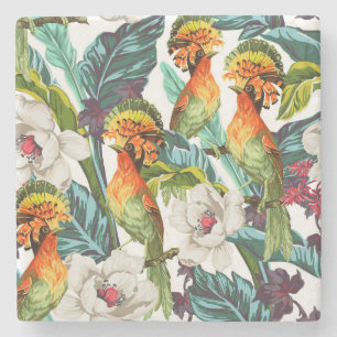 Dessous-de-verre En Pierre Oiseau et motif de fleur exotique 2