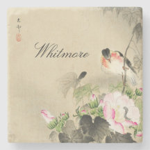 Oiseau japonais et fleurs roses Vintage Imprimer P
