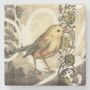 Dessous-de-verre En Pierre Oiseau jaune et vert sur l'arrière - plan vintage