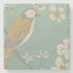 Dessous-de-verre En Pierre Oiseau jaune, gris et beige perché sur une branche