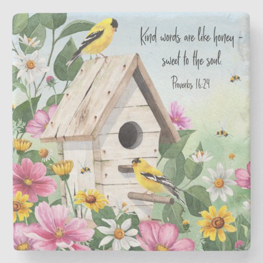 Dessous-de-verre En Pierre Oiseaux de printemps fleuris d'aquarelle (Devant)