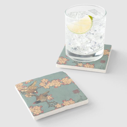 Dessous-de-verre En Pierre Oiseaux Fleurs Hokusai Art Japonais (Côté)