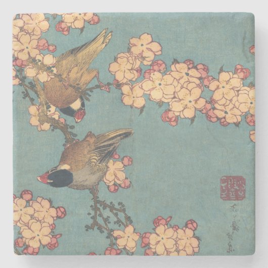 Dessous-de-verre En Pierre Oiseaux Fleurs Hokusai Art Japonais (Devant)