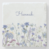 Dessous-de-verre En Pierre Ombre de Fleur sauvage d'aquarelle bleu monogramme (Devant)