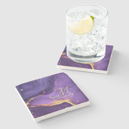 Dessous-de-verre En Pierre Or et mauve Agate 💜 ✨ Élégant Script Monogramme (Côté)