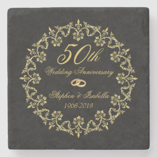 Dessous-de-verre En Pierre Ornate Gold sur Black 50e anniversaire Mariage