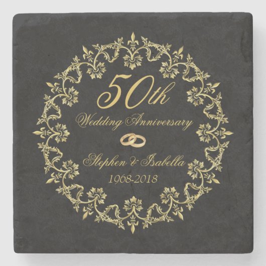 Dessous-de-verre En Pierre Ornate Gold sur Black 50e anniversaire Mariage (Devant)