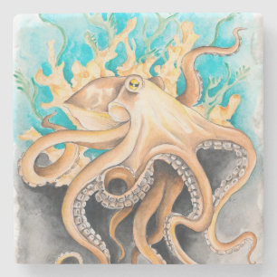 Dessous-de-verre En Pierre Otopus Algues Turquoises Aquarelle Art