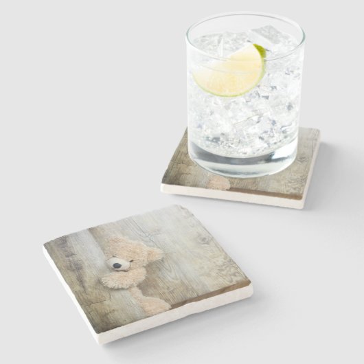Dessous-de-verre En Pierre Ours Cute Stuffé Mur Rustique En Bois (Côté)