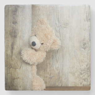 Dessous-de-verre En Pierre Ours en peluche mignon Mur en bois rustique
