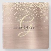 Dessous-de-verre En Pierre Paillettes dorées, monogramme doré, nom en script (Devant)