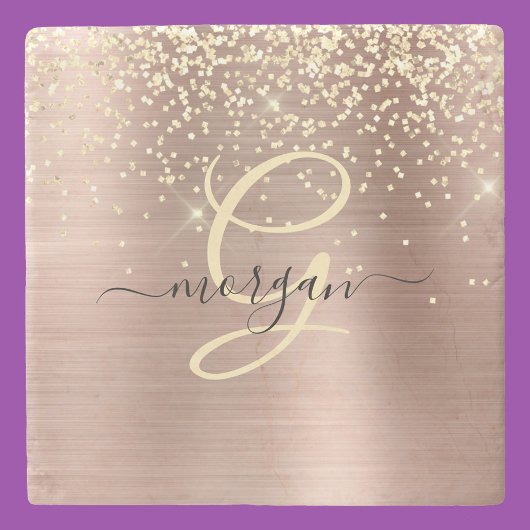 Dessous-de-verre En Pierre Paillettes dorées, monogramme doré, nom en script