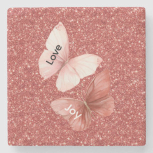Dessous-de-verre En Pierre Paillettes Rouges Rose Amour Joie Papillons