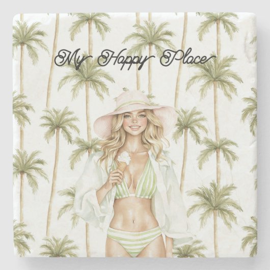 Dessous-de-verre En Pierre Palm Trees Happy Place Blond Lady Bathing Suit (Devant)