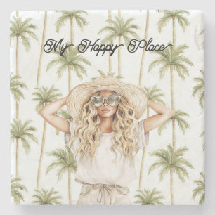 Dessous-de-verre En Pierre Palmiers Endroit Heureux Dame Blonde Chapeau