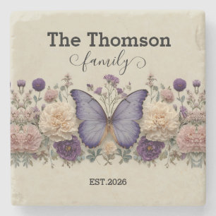 Dessous-de-verre En Pierre Papillon Bleu Vintage avec Fleurs pour Famille