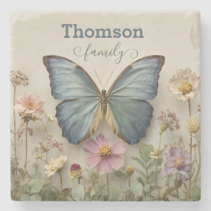 Dessous-de-verre En Pierre Papillon Bleu Vintage Floral Jardin Famille