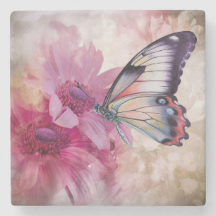 Dessous-de-verre En Pierre Papillon Dreamy aux fleurs roses