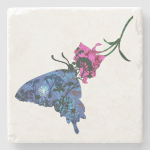 Dessous-de-verre En Pierre Papillon peint sur Hibiscus rouge
