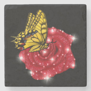 Dessous-de-verre En Pierre Papillon sur rose rouge avec étoiles et gouttes de