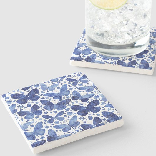 Dessous-de-verre En Pierre Papillons Aquarelle Bleu