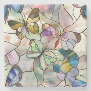 Dessous-de-verre En Pierre Papillons Bleus Or Menthe Verte