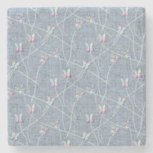 Dessous-de-verre En Pierre Papillons en relief aquarelle sur lin bleu denim