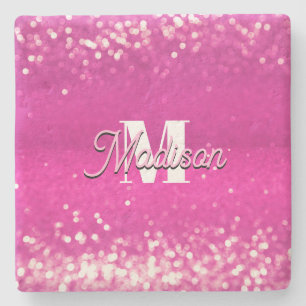 Dessous-de-verre En Pierre Parties scintillant rose chaud Bokeh Monogramme