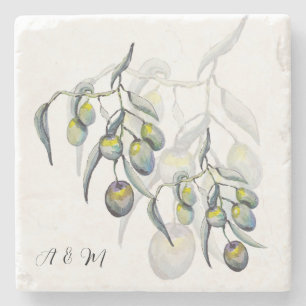 Dessous-de-verre En Pierre Pastel Blue Grey Olive Branch Aquarelle