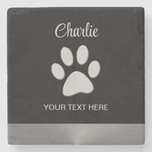 Dessous-de-verre En Pierre Paw Chien Argent sur arrière - plan noir