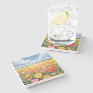 Dessous-de-verre En Pierre Paysage de champ de fleurs peinture aquarelle