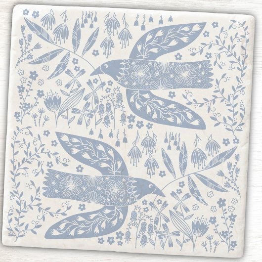Dessous-de-verre En Pierre Peace Dove Birds and Wildflowers Blue