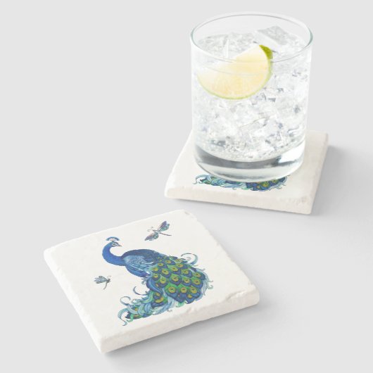 Dessous-de-verre En Pierre Peacock and Dragonfly Design Set (Côté)