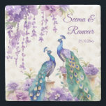 Dessous-de-verre En Pierre Peacock violet de mariage indien cadeaux<br><div class="desc">Aquarelle Peacock et fleurs violettes Mariage indien privilégie les cadeaux personnalisés dessous de verre en pierre monogrammed. Deux beaux paons fleurs de jasmin mauve glyteria suspendues fleurs et guirlandes décoration mariage personnalisée table de mariage dessous de verre pratiques</div>