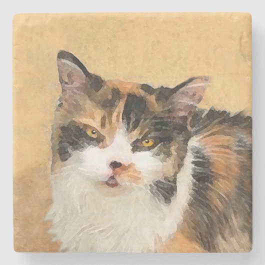 Dessous-de-verre En Pierre Peinture de chat Calico - Cute Original Cat Art (Devant)