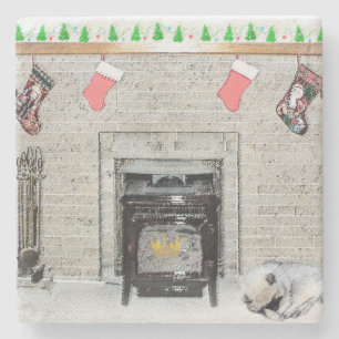 Dessous-de-verre En Pierre Peinture de chiot Keeshond Noël par la cheminée
