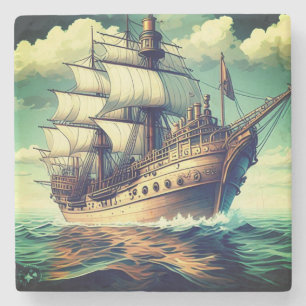 Dessous-de-verre En Pierre Peinture D'Un Navire Avec Les Voiles Vers Le Bas-5